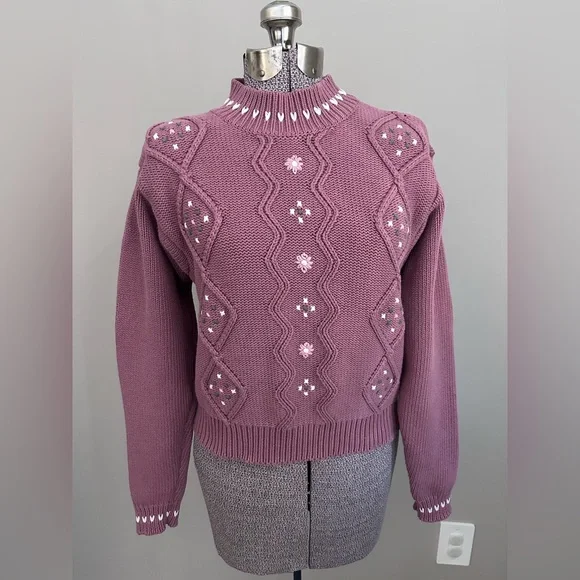 Vintage Embroidered floral flower Sweater 100% cotton mauve pink purple white - Picture 5 of 12
